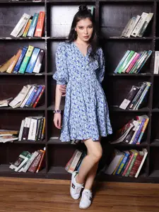 Sera Blue & White Floral Printed Puff Sleeves Gathered Flounce Mini Fit & Flare Dress