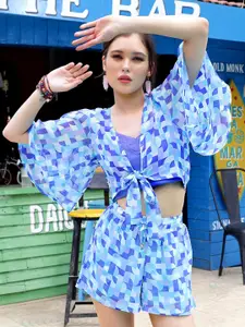 Sera Blue Geometric Printed Crop Tie-Up Shrug