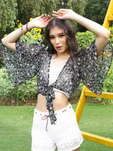 Sera Black Floral Printed Crop Tie-Up Shrug