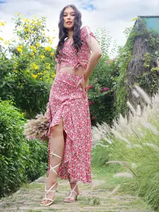 Sera Fuchsia & White Floral Printed Wrap Top with Skirt