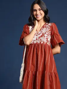 Taavi Kashidakari Pure Cotton Floral Embroidered Flared Sleeve A-Line Mini Dress