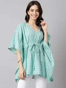 KALINI Checked Kimono Sleeves Cotton Kaftan Longline Top