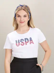 U.S. Polo Assn. Women Typography Printed Slim Fit Cotton T-shirt