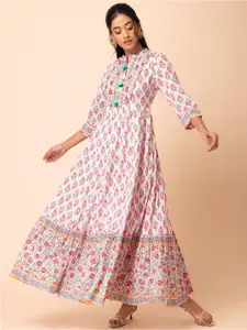 Rang by Indya Floral Print Band Collar Maxi Cotton Ethnic Dress