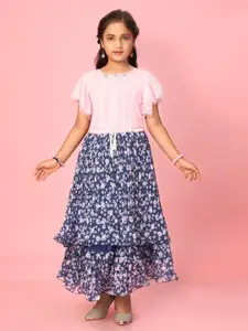 Muhuratam Girls Floral Printed Flared Sleeve Maxi Fit & Flare Dress
