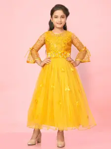 Muhuratam Girls Embroidered Bell Sleeve Net Fit and Flare Dress