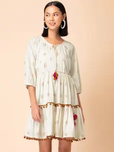 INDYA Ikat Printed Puff Sleeves Pure Cotton Casual Fit & Flare Dress