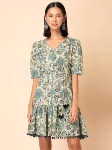 INDYA Floral Printed V-Neck Pure Cotton Drop-Waist Dress