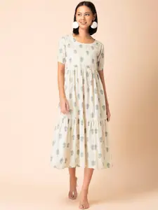 INDYA Ethnic Motif Printed Tiered Gathers Detailed Cotton Fit &Flare Dress