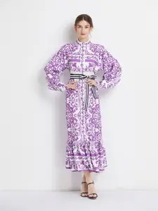 JC Collection Ethnic Motifs Printed Cuffed Sleeves Tie-Ups Maxi Dress