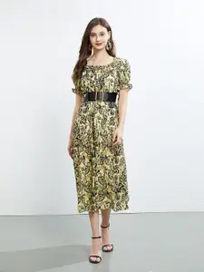 JC Collection Floral Printed Puff Sleeves Belted Fit & Flare Midi Dress