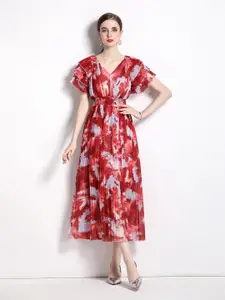 JC Collection V-Neck Floral Print Fit & Flare Midi Dress