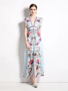 JC Collection Floral Printed Flutter Sleeves Maxi Dress