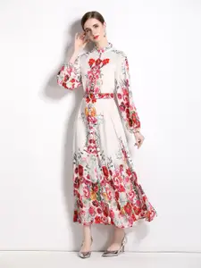 JC Collection Floral Printed Cuffed Sleeves Belted Maxi Dress