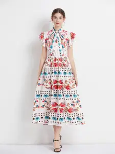 JC Collection Floral Printed Tie-Up Neck Fit & Flare Midi Dress