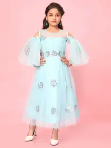 Muhuratam Girls Embellished Cold-Shoulder Net Fit & Flare Maxi Dress