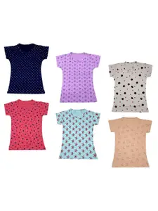 IndiWeaves Girls Pack of 6 Printed Pure Cotton T-shirts