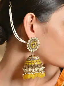 Fida Gold-Plated Dome Shaped Kundan Pearl Studded Jhumkas