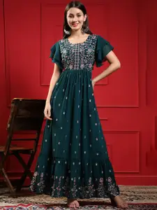 KALINI Floral Embroidered Flared Sleeve Georgette Fit & Flare Ethnic Dress