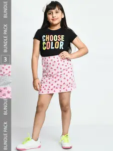 IndiWeaves Girls Pack Of 3 Allover Printed Pure Cotton Mini Skirts