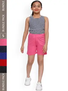 IndiWeaves Girls Pack Of 5 Polka Dots Printed High-Rise Pure Cotton Shorts