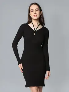 Flying Machine Tie-Up Neck Long Sleeves Cut-Out Detail Sheath Dress