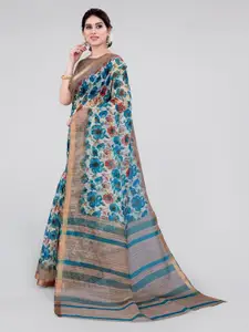 MIRCHI FASHION Turquoise Blue & Red Floral Printed Zari Saree