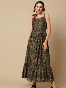 FASHOR Brown & Beige Geometric Printed Square Neck Maxi Ethnic Dresses With Tie-Ups Detail