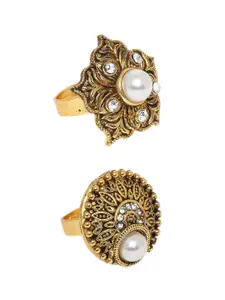 OOMPH 2Pcs Gold-Plated Stone-Studded & Pearl Beaded Adjustable Finger Rings