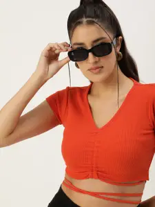 Kook N Keech V-Neck Ribbed Crop Top With Waist Tie-Up Detail