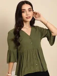 all about you Solid Bell Sleeve V-Neck A-Line Top