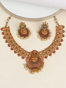 OOMPH Stone Studded & Beaded Temple Necklace & Earrings Set