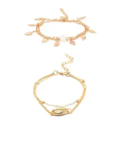 OOMPH Set of 2 Gold-Plated Sea Shell & Leaf Pearls Anklets