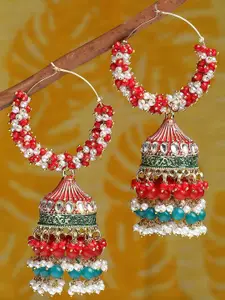 OOMPH Gold Plated Kundan Studded & Beaded Dome Shaped Jhumkas