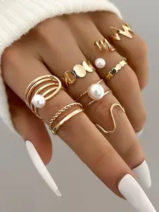 Shining Diva Fashion Set Of 8 Gold-Plated Beaded Rings