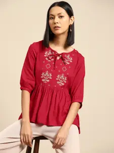 all about you Embroidered Tie-Up Neck Top