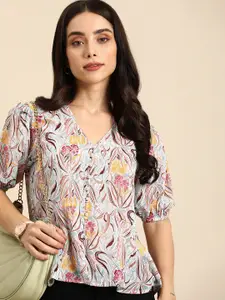 all about you Floral Printed Puff Sleeve Georgette Top