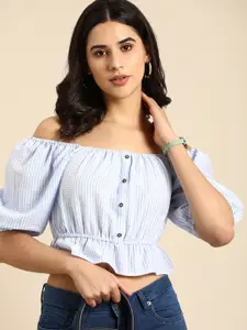 all about you Striped Off-Shoulder Puff Sleeve Peplum Top