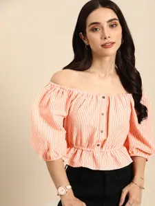 all about you Striped Off-Shoulder Puff Sleeves Peplum Top