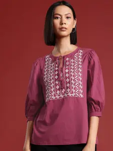 all about you Embroidered Tie-Up Neck Cotton Top