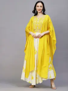FASHOR Yellow And White Embroidered Flared Sleeves A-Line Ethnic Dress