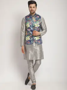 Kaifoo Mandarin Collar Kurta with Churidar & Printed Nehru Jacket