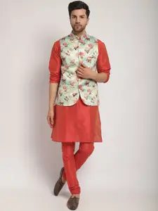 Kaifoo Mandarin Collar Kurta with Churidar & Printed Nehru Jacket
