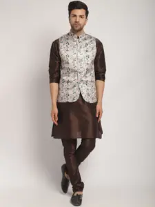 Kaifoo Mandarin Collar Kurta with Churidar & Printed Nehru Jacket