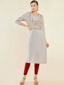 Soch Grey & Red Floral Embroidered Kurta