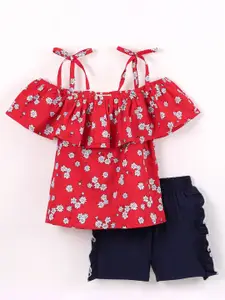 CrayonFlakes Girls Red & Black Printed Top with Shorts Clothing Set