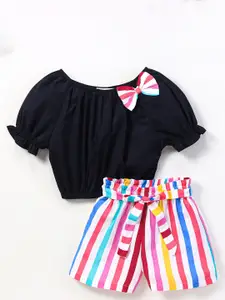CrayonFlakes Girls Round Neck Top with Striped Shorts Cotton Clothing Set