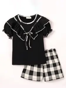 CrayonFlakes Girls Top with Checked Shorts Pure Cotton Clothing Set
