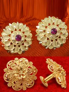 MEENAZ Set Of 2 Gold-Plated Stone Studded Studs Earrings