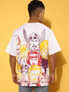 VEIRDO White, Red & Yellow Superheros Marvel Graphic Printed Oversized Cotton T-Shirt